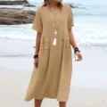 Women summer loose casual linen solid color round neck short sleeve midi dress khaki - Earthy Yellow