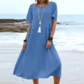 Casual loose solid color round neck short sleeve midi dress details for women summer beachwear. - Sapphire Blue