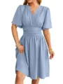 Women's V-Neck Short Sleeve Pleated Waist Midi Dress Elegant Summer Casual Party Dress - S / Fog Blue