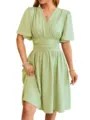 Green V-Neck Flare Sleeve Midi Dress, elegant waist-cinching summer casual wear. - S / Bean Green