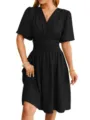 Elegant black V-neck short sleeve midi dress with stylish waist pleats for women summer wear. - S / Black