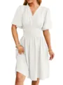 White V-Neck Ruffled Sleeve Midi Dress Elegant Summer Casual Wear For Women Style - S / White