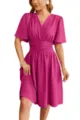 Women's V-Neck Wrap Waist Flare Sleeve Dress Summer Fashion Magenta Casual Daily Wear - Rose Red