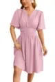 Pink V-neck Waist-Cinching Flutter Sleeve Dress for Women Chic Casual Summer Outfit - Light Pink