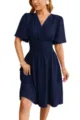 Navy blue V-neck ruched waist flare sleeve midi dress for women summer fashion style - Navy Blue