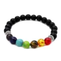 Chakra beaded stretch bracelet with matte black volcanic stone and colorful gemstones. - 7 Chakra Matte Stone Style 2 (B0378)
