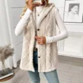 Women Solid Color Fleece Hooded Vest Button Up Casual Sleeveless Cardigan Autumn Winter - S / Apricot