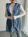 Blue fleece hooded vest for women, casual winter sleeveless button-up outerwear piece. - Blue