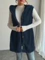 Women solid color fleece hooded button vest, casual autumn winter sleeveless outerwear top. - Navy Blue