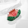 Acetate flower hair claw clip with sparkling rhinestones and green leaves for women and girls. - Rose Pink
