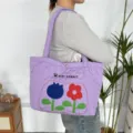 Purple quilted heart shoulder bag with cute flower embroidery, casual tote handbag for women - Quilted Heart Floral / Purple