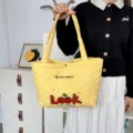 Yellow quilted tote bag with cute cherry embroidery and shoulder straps for daily shopping. - Cherry LOOK Style (Quilted Heart) / Yellow