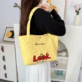 Quilted heart pattern tote bag with cute cherry embroidery, ideal for daily shopping and casual use. - Quilted Heart Cherry Look / Yellow