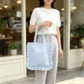 Hellblau Weisses Karo Rüschen Tote Bag Freizeit Alltag Shopper Canvas Schultertasche - Blau Klein Kariert Rüschen Schulter