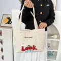 Quilted heart tote bag with cute cherry embroidery, casual shoulder bag for women. - Cherry LOOK Style (Quilted Heart) / Khaki