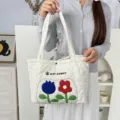 Quilted canvas tote bag with cute flower embroidery, stylish casual student shoulder bag. - Dual Color Floral Quilted / White