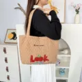 Quilted heart shoulder tote bag with cute cherry embroidery and letters pattern detail view. - Quilted Heart Cherry Look / Brown