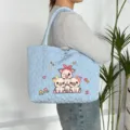 Light blue quilted heart tote bag for women, cute cartoon pig embroidery shoulder handbag. - Quilted Heart Three Pigs / Blue