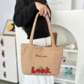 Quilted khaki tote bag for women with cute heart pattern and cherry embroidery, casual. - Cherry LOOK Style (Quilted Heart) / Brown