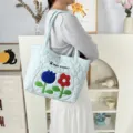 Korean style sweet quilted tote bag with cute flower embroidery large capacity casual shoulder bag - Gourd Quilted Dual Color Floral / Blue