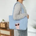 Light blue quilted heart pattern tote bag for women, cute cartoon pig embroidery shoulder bag. - Quilted Heart Sunglasses Pig / Blue