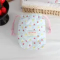 Detailed view of cute blue plaid quilted drawstring pouch with strawberry and rabbit prints. - Light Blue