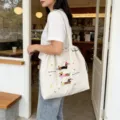 Borsa tote in tela con simpatici cani bassotto ricamati, grande borsa a tracolla con coulisse. - Cane con Cappello Spalla Doppio Strato: Grigio