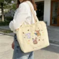 Borsa shopper in tela ricamata con coniglietto carino stile coreano, borsa a tracolla casual capiente. - Trio Coniglio Doppio Strato Spalla / Beige