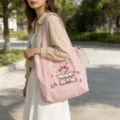 Bolsa tote de lona con cerdito bordado para mujer, bolso de hombro informal para uso diario. - Rosa