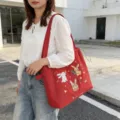 Borsa tote in tela rossa da donna grande capacità borsa a spalla casual con ricamo di coniglio. - Trio Coniglio Doppio Strato Spalla / Rosso