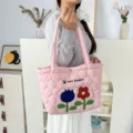 Pink quilted tote bag with cute flower embroidery and letter print, large capacity student handbag. - Tulip Floral Style (Calabash Quilt) / Pink
