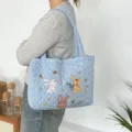 Cute cartoon embroidered quilted tote bag, soft large capacity shoulder bag for daily commute. - Quilted Heart Three Rabbits / Blue