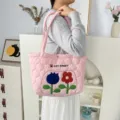 Pink quilted tote bag with cute embroidered floral design, spacious everyday shoulder bag for students. - Gourd Quilted Dual Color Floral / Pink