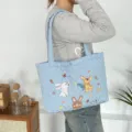 Cute quilted tote bag with adorable rabbit embroidery, stylish light blue casual shoulder bag. - Three Little Rabbits Style (Quilted Heart) / Blue