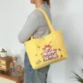 Yellow quilted tote bag with cute cartoon pig embroidery, casual shoulder handbag for women. - Three Little Pigs Style (Quilted Heart) / Yellow
