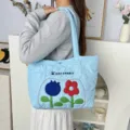 Light blue quilted tote bag detail, featuring embroidered floral design and shoulder straps. - Dual Color Floral Quilted / Blue