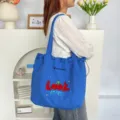 Bolso tote de lona azul con bordado de cerezas, bolso de hombro de gran capacidad diario. - Look Cereza Azul Real