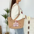 Leuke gewatteerde shopper met schattige varken borduursel, grote schoudertas voor dagelijks. - Bruin (Drie Kleine Biggetjes)
