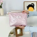Pink quilted heart clutch bag, cute PU leather cosmetic pouch for travel and daily storage. - Pink Heart