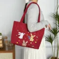 Rode gewatteerde shopper tas met schattige konijnenborduursel, grote casual schoudertas. - Wijnrood (Drie Kleine Konijntjes)