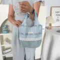 Blue striped tote bag with lace trim and bowknot, cute casual handbag for daily use. - Vertical Stripe Bowknot Patchwork (Light Blue Gray)