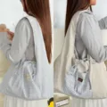 Detailed view of vintage plaid patchwork canvas tote bag showing large capacity and stylish design. - White Grid