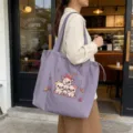 Bolso tote de lona con bonito cerdo bordado, bolso de hombro informal para uso diario. - Púrpura