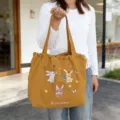 Korean style cute rabbit embroidered canvas tote bag, large capacity daily shoulder bag. - Trio Rabbit Double Layer Shoulder / Turmeric