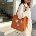 Borsa shopper in tela con simpatico coniglio ricamato stile coreano grande capacità per lavoro - Trio Coniglio Doppio Strato Spalla / Arancione