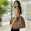 Brown canvas shoulder bag with cute dachshund embroidery, spacious daily tote for women. - Hat Dog Double Layer Shoulder: Brown