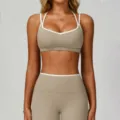 Detail view of the seamless quick-drying yoga set, breathable fitness vest and pants for women. - S / Top And Bottom / Coffee