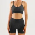 Seamless ribbed sports bra and high waist shorts detail, breathable athletic wear active set. - S / Top And Bottom / Black