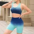 Gradient yoga set for women, high waist fitness shorts and racerback sports bra activewear. - Cyan