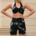 Black grey tie-dye seamless yoga activewear set detail, halter crop top high waist shorts. - S / Top And Bottom / Black